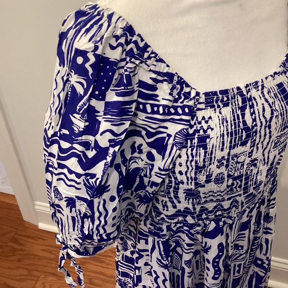 PUFF SLEEVE RESORT PRINT DRESS (Color: Blue/ White) - Picture 6 of 7